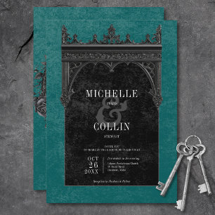 Invitation Noir gothique Double Arc Rose Turquoise Mariage