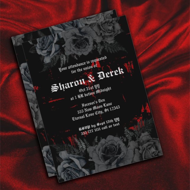 Invitation Noir gothique Grunge rouge texturé Roses noirs (Créateur téléchargé)