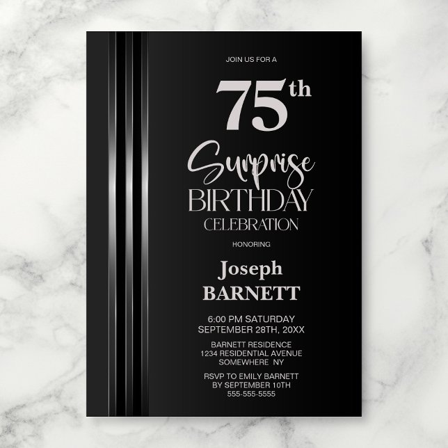 Invitation Noir Gris à Rayures Argentées 75e Surprise Anniver (Créateur téléchargé)