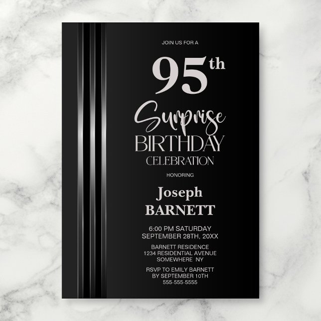 Invitation Noir Gris à Rayures Argentées 95e Anniversaire Sur (Créateur téléchargé)