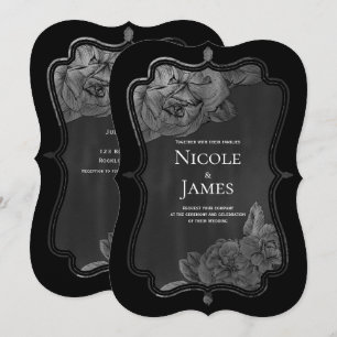 Invitation Noir Gris Argent Vintage Élégant Glamour Floral