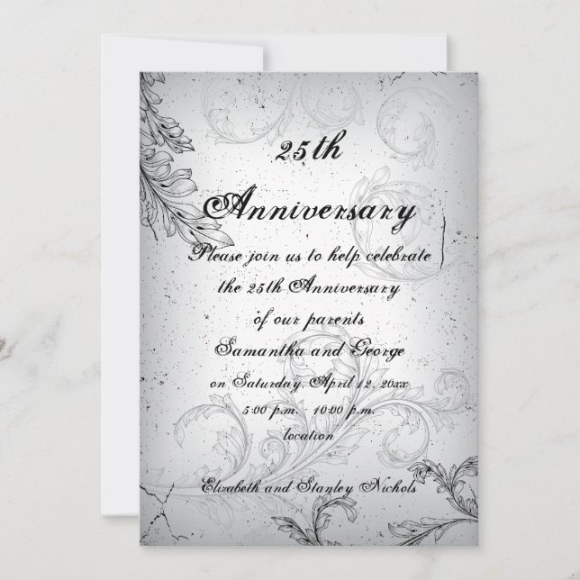 Invitation Noir gris feuille de défilement anniversaire de ma (Devant)