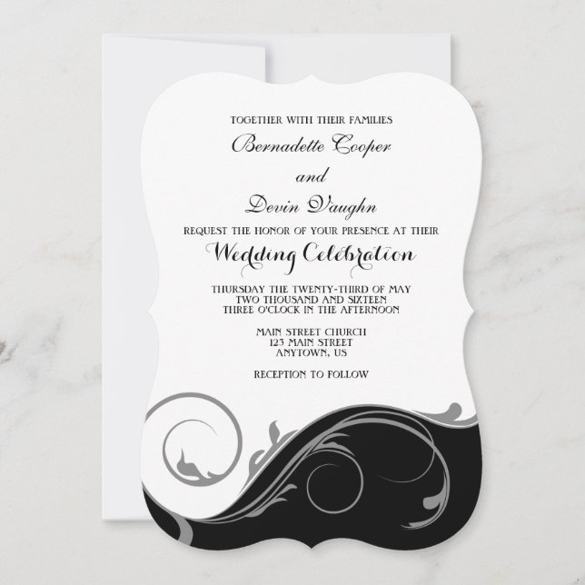 Invitation Noir Gris Floral Bracket Mariage Invite (Devant)