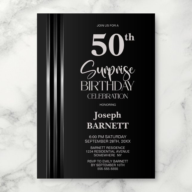 Invitation Noir Gris rayé d'argent 50e Anniversaire Surprise (Créateur téléchargé)