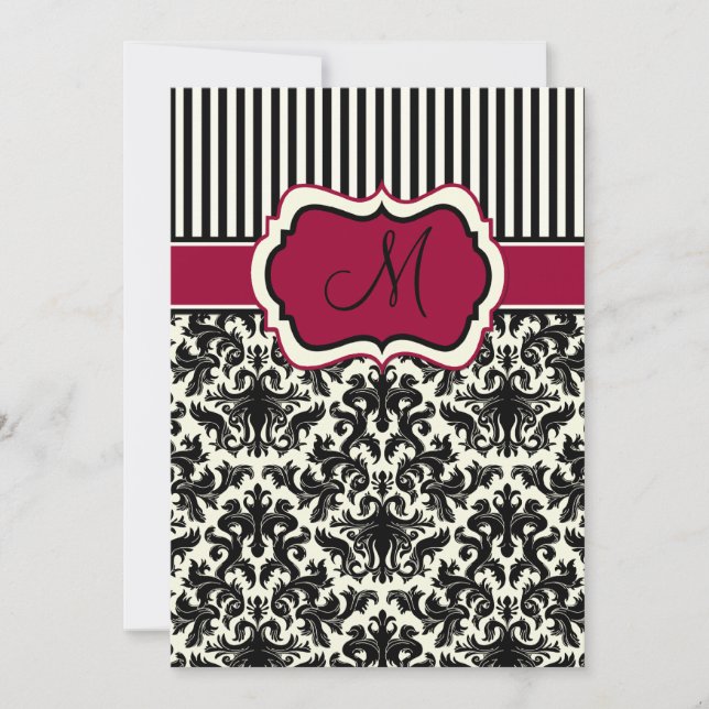 Invitation Noir, ivoire, Red Stripes Damask Monogramme Invita (Devant)