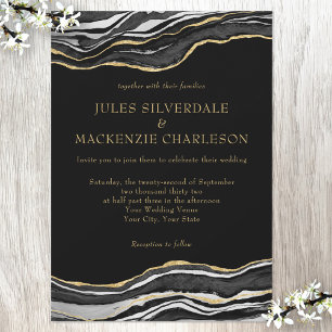 Invitation Noir Marbre Agate Or Parties scintillant Mariage é