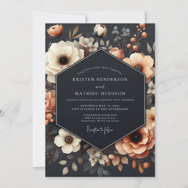 Invitation Noir Mariage Lumineux Abricot (Devant)