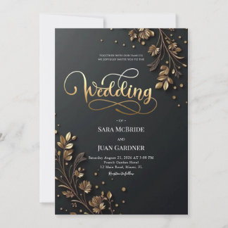 Invitation Noir mat et motifs botaniques en feuille d'or 3D