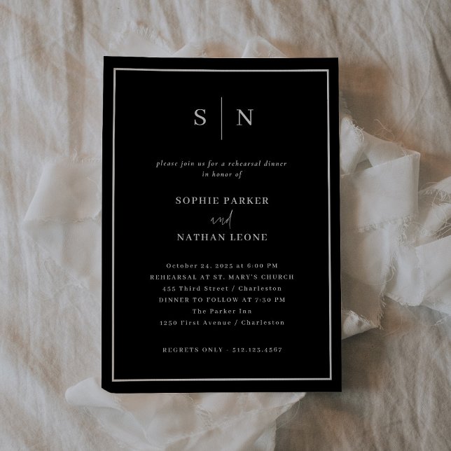 Invitation Noir minimal et chic | Dîner de répétition élégant (A dark, black, modern and elegant choice for your wedding rehearsal dinner invitation)