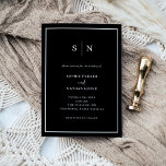 Invitation Noir minimal et chic | Mariage frontière blanc<br><div class="desc">Ces invitations de mariage élégantes et modernes présentent un design de texte minimaliste noir foncé,  avec un cadre blanc classique à la bordure. Ajoutez vos initiales ou votre monogramme pour les rendre complètement vôtres.</div>