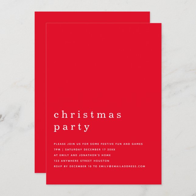 Invitation Noir minimal Noir Blanc Noël Party Rouge (Devant / Derrière)