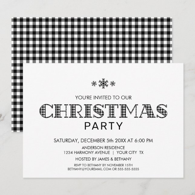 Invitation Noir minimaliste et blanc Buffle Plaid Noël (Devant / Derrière)