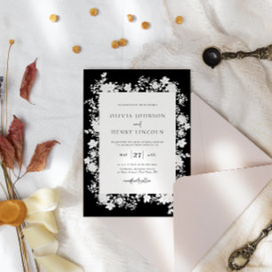 Invitation Noir minimaliste   Mariage de cadre floral blanc