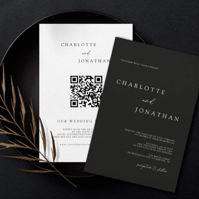 Invitation Noir minimaliste moderne QR Code Mariage (Créateur téléchargé)