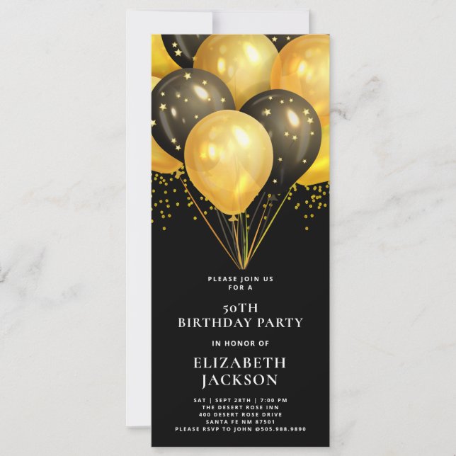 Invitation Noir moderne 50E Anniversaire Or Ballons Noir (Devant)