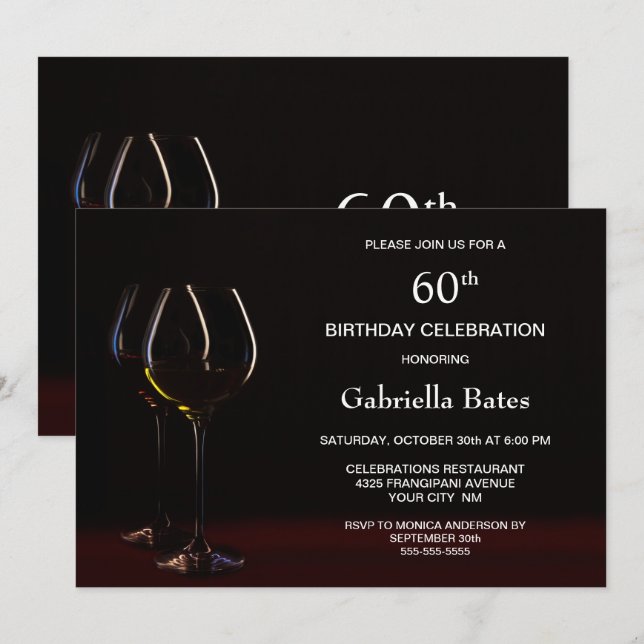 Invitation Noir moderne 60e Anniversaire Vin Glass Party (Devant / Derrière)