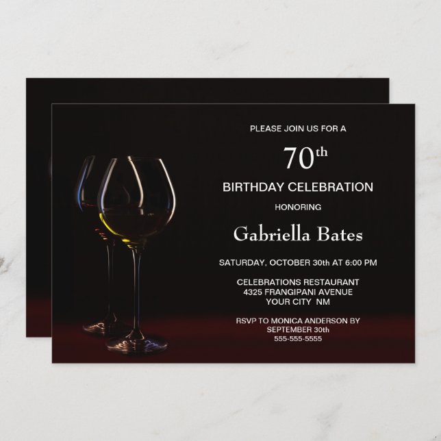 Invitation Noir moderne 70e anniversaire Vin Glass Party (Devant / Derrière)