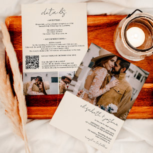 Invitation Noir moderne beige 4 photo Qr tout en un mariage
