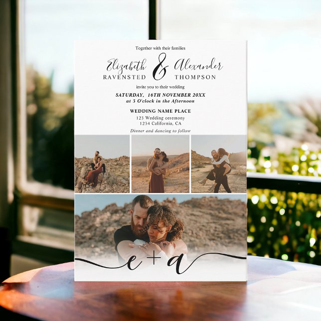 Invitation Noir moderne blanc 5 Photos script mariage (Modern black white 5 Photos script wedding Invitation)
