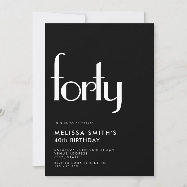 Invitation Noir moderne Blanc Simple élégant 40e anniversaire (Devant)