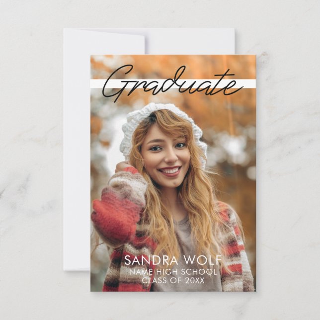 Invitation Noir moderne écriture script photo Graduation (Devant)