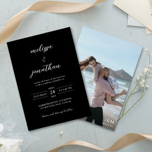 Invitation Noir moderne élégant script photo Monogramme Maria