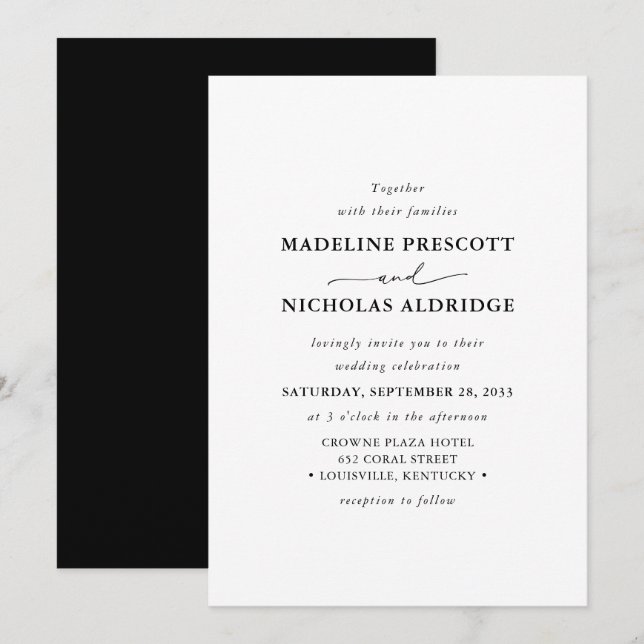 Invitation Noir Moderne Et Blanc Simple Mariage Élégant (Devant / Derrière)