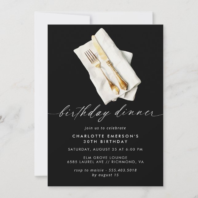 Invitation Noir moderne | Fantaisie Script Anniversaire Soiré (Devant)