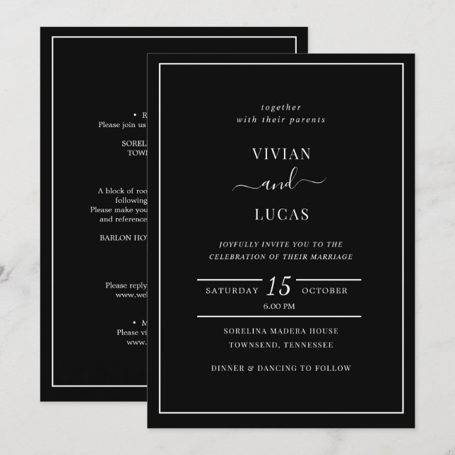 Invitation Noir moderne Formal Mariage minimal (Devant / Derrière)