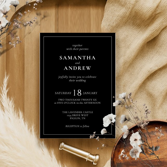 Invitation Noir moderne Minimal basique Tout en un Mariage (Créateur téléchargé)