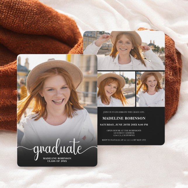 Invitation Noir moderne minimum 4 Script photo Graduation (Modern Black minimal 4 Photo script Graduation Invitation)