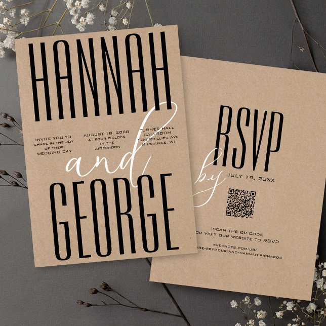 Invitation Noir moderne Rustique Kraft Bold Code QR Mariage (Unique black & kraft rustic QR code RSVP wedding invitation with script and large bold typography )