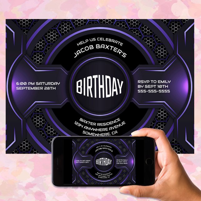 Invitation Noir moderne violet n'importe quel âge fête d'anni (Créateur téléchargé)