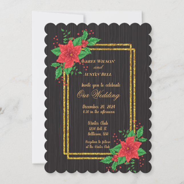Invitation Noir Noir Poinsettia Mariage de cadre Or (Devant)