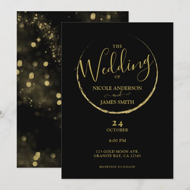 Invitation Noir & Or Abstrait Mariage Scintillement Nouvelle  (Devant / Derrière)