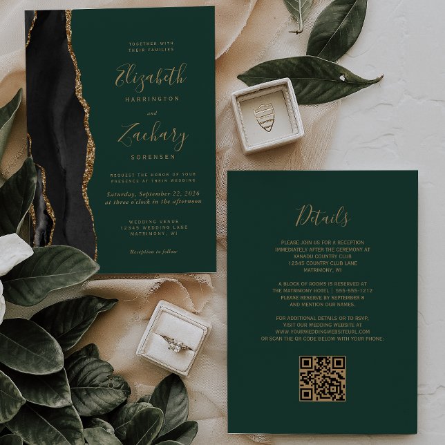 Invitation Noir Or Agate Emerald Vert QR Code Mariage (Créateur téléchargé)