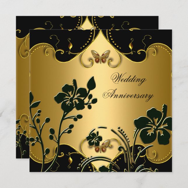 Invitation Noir Or Anniversaire de Mariage 50 Ans Floral (Devant / Derrière)