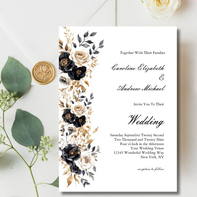 Invitation Noir Or Blanc Aquarelle Floral Élégant Mariage (Black Gold White Watercolor Florals Elegant Wedding Invitation. Printed or Digital Download)
