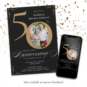 Invitation Noir Or Calligraphie 50e Anniversaire de Mariage