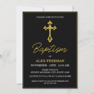 Invitation Noir & Or de luxe Script Genre Baptême neutre