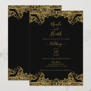 Invitation Noir & Or dentelle élégant mariage