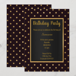 INVITATION NOIR OR ÉTOILE MOTIF ÉLÉGANT TOUTE L'ANNIVERSAIRE