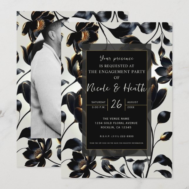 Invitation Noir & Or Floral Beige Engagement (Devant / Derrière)