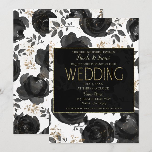 Invitation Noir Or Floral Glam Feuilles Mariage (Devant / Derrière)