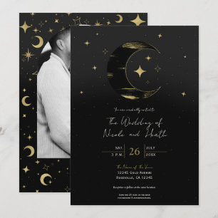 Invitation Noir & Or Moderne Céleste Lune Étoiles Mariage