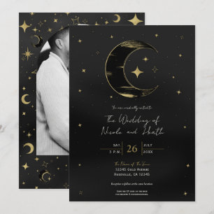 Invitation Noir & Or Moderne Céleste Lune Étoiles Mariage