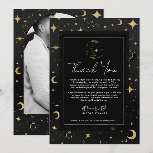 Invitation Noir & Or Moderne Céleste Lune Étoiles Merci (Devant / Derrière)