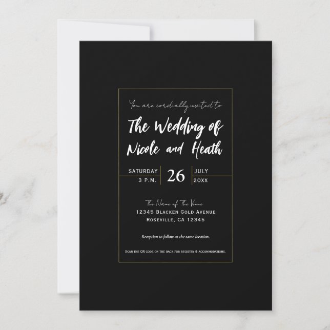 Invitation Noir & Or Moderne Minimal Mariage élégant (Devant)