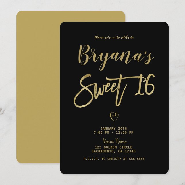 Invitation Noir & Or Moderne Minimaliste Chic Sweet 16 (Devant / Derrière)