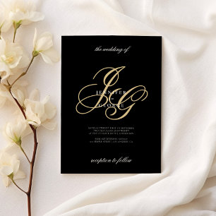 Invitation Noir or monogramme initiales mariage romantique